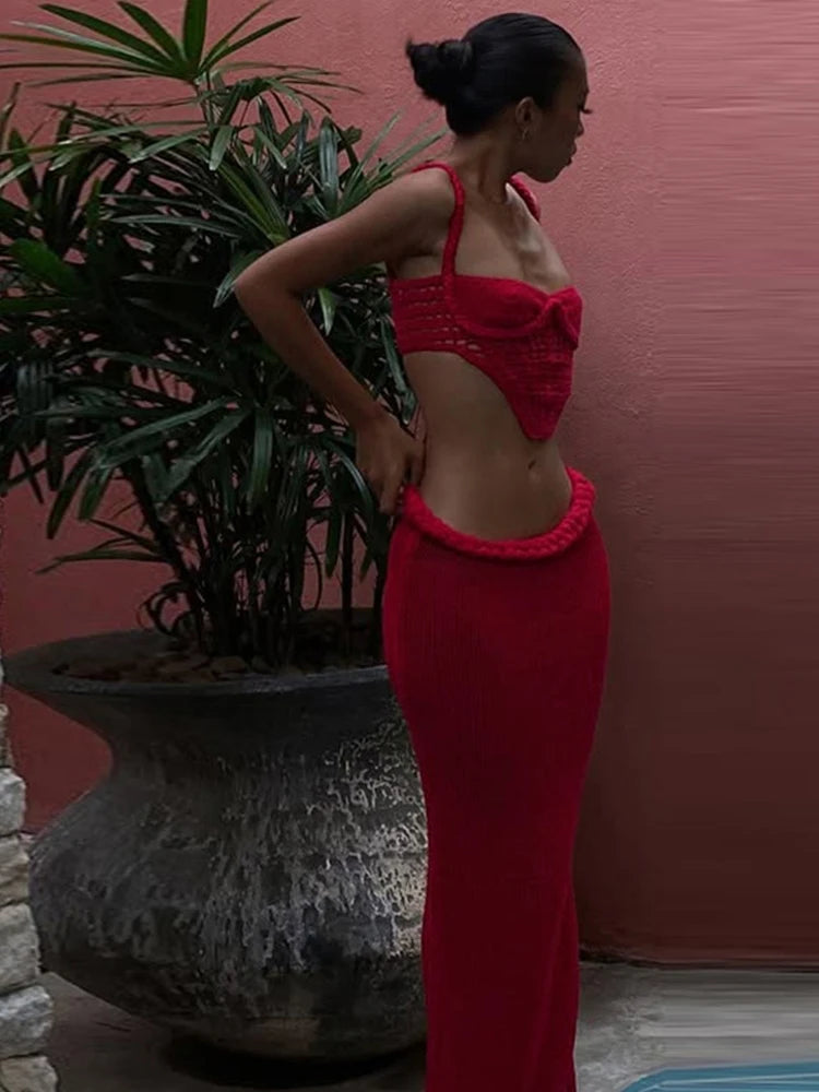 Weird Puss Crochet Shirring 2 Piece Set Women Cross Bandage Backless Irregular Tops+Solid Long Skirts Vacation Beach Style Suits