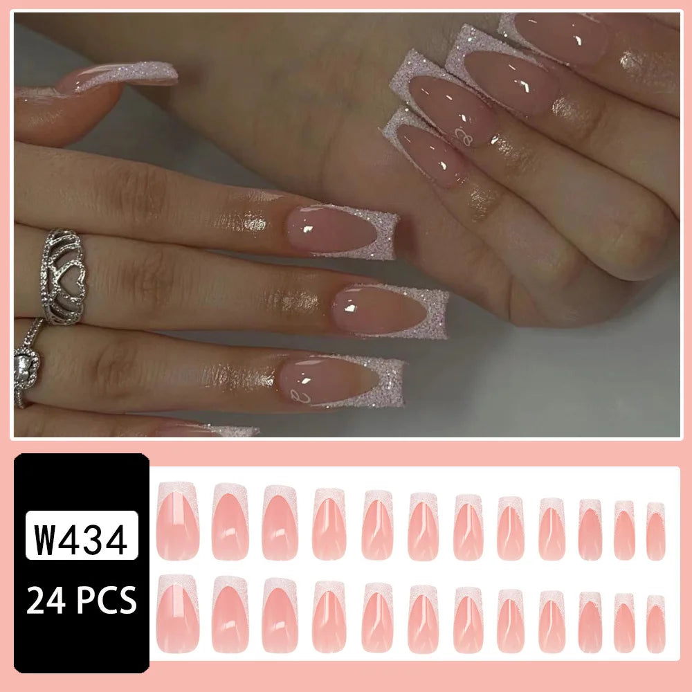 24Pcs Shimmery Long Coffin False Nails with Glue Ballerina Nail Design Sweet Fashion French Press on Acrylic Nails Tips