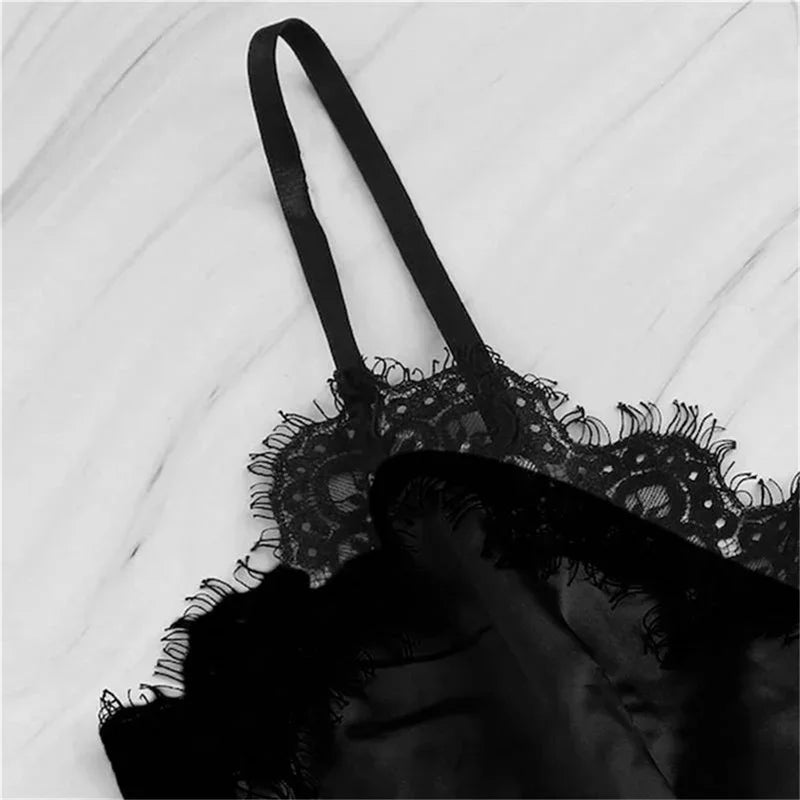 1set Lingerie Sexy Bra Set Women's Sleepwear Sleeveless Strap Lace Trim Satin Cami Tops Pajama Sets Bras Women Brief Sets