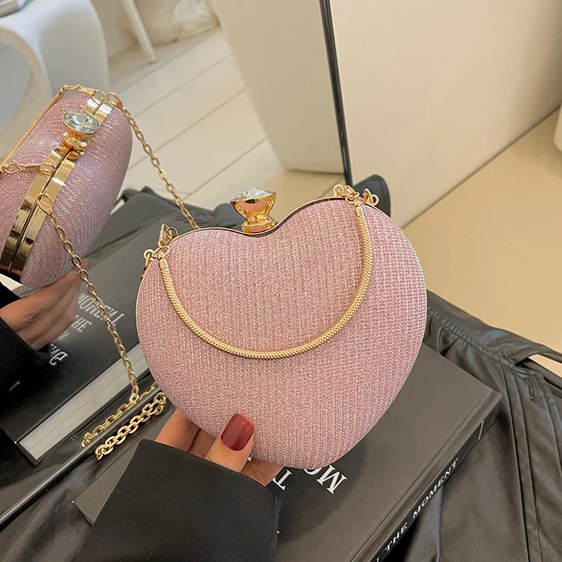 Evening Clutch Bag For Women Shiny Heart Shape Metal Clutch Chain Shoulder Purse
