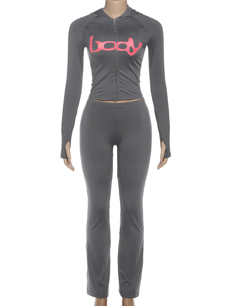 Weird Puss Letter Print 2 Piece Set Women Tracksuit Hooded Jacket+Leggings Matching Stretch Streetwear Casual Sporty Outfits