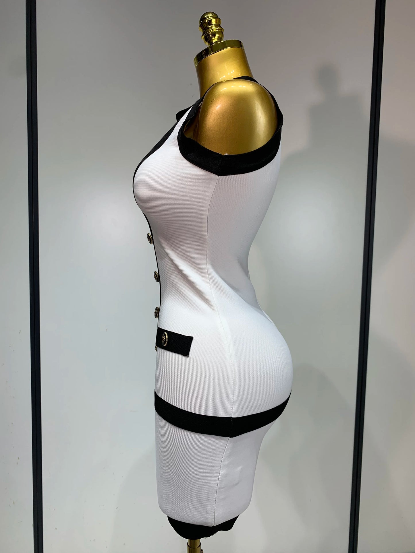 Women Sexy Backless Black White Button Mini Bandage Short Dress Celebrity Elegant Evening Party Holiday Club Dress
