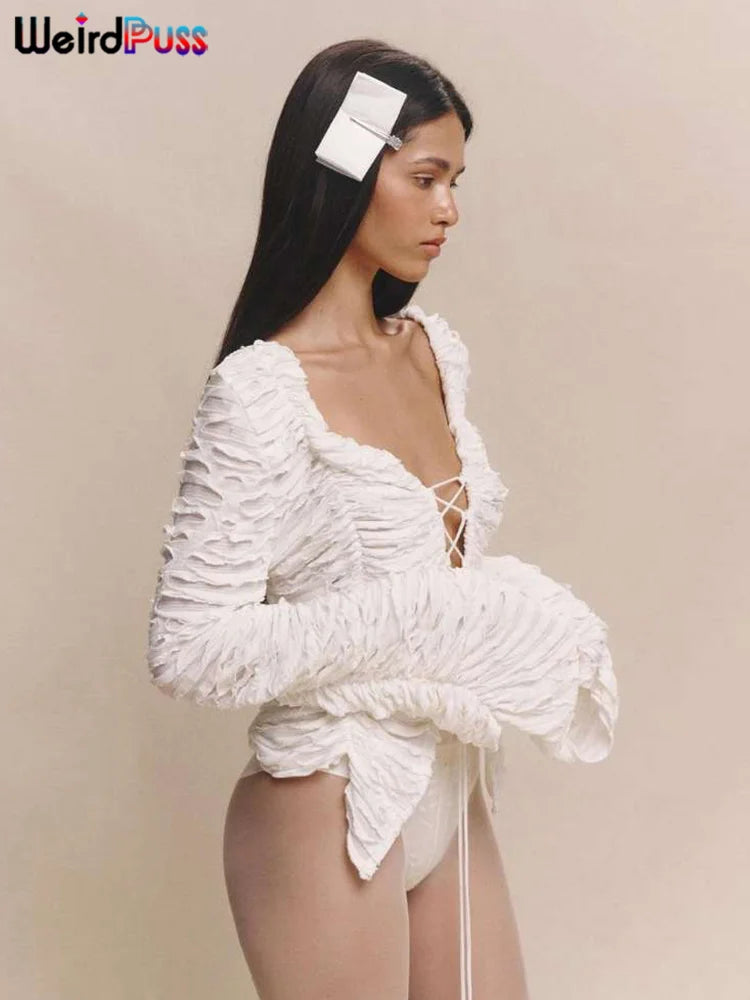 Weird Puss Ripped Chic Crop Tops Women Autumn Elegant Shirring Square Collar Elegant Ruched Full Sleeve Solid Streetwear Tees