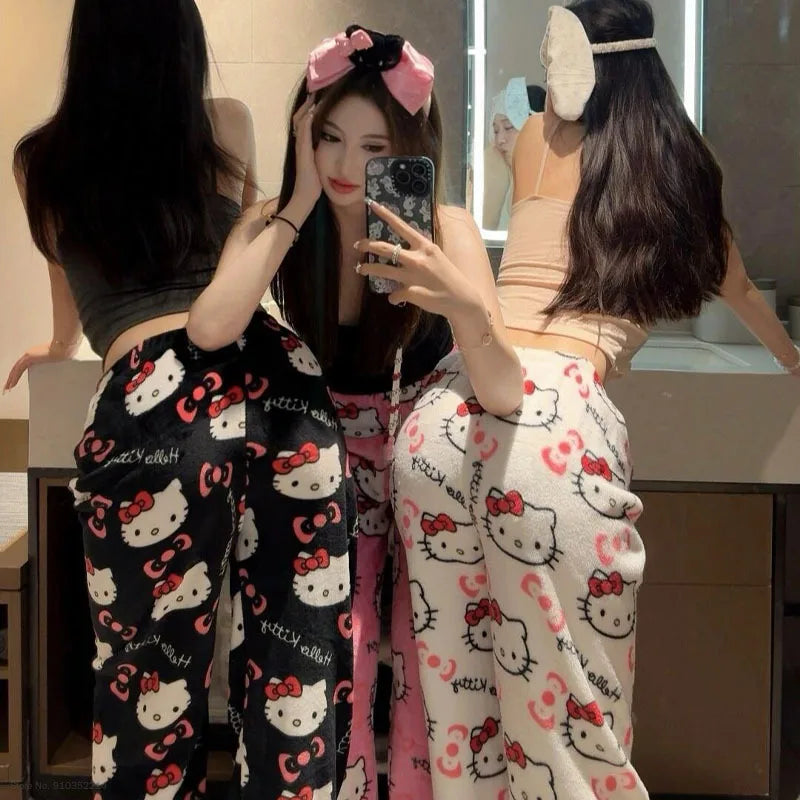 Sanrio Hello Kitty Soft Flannel Wide Leg Pajama Pants Printed Casual Home Loungewear For Women Daily Sleeping Relaxing Wear