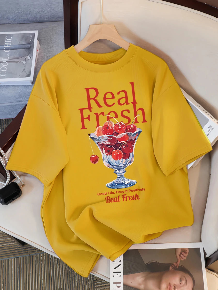 Real Fresh Cherry Fruit Cup Design Tee Shirts Female Comfortable Cotton T Shirt Fashion Casual Clothes Soft Street Short Sleeve