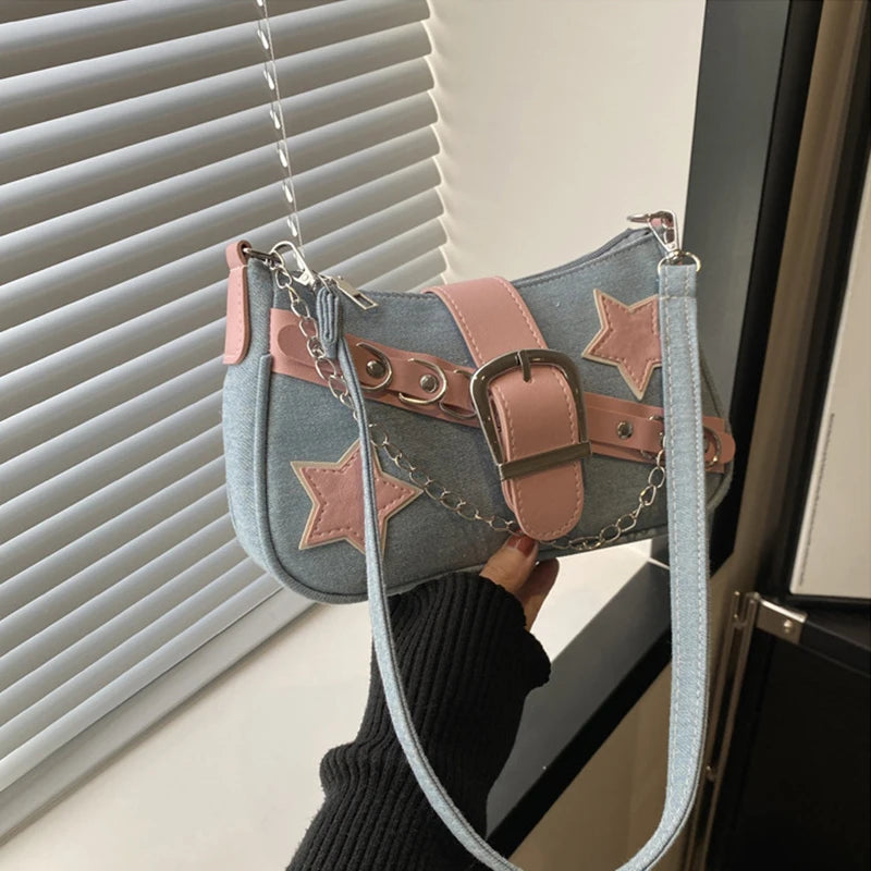 Fashion Women's Handbags Denim Stars Pattern Cool Girls Underarm Bag Female Small Shoulder Hobo Bags Chain Tote Bag