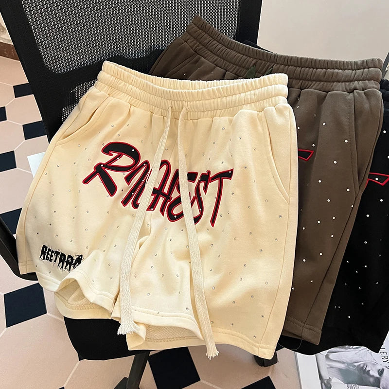 Diamond Patch Embroidered Letter Logo Casual Shorts Loose Drawstring Shortpants Jorts for Men Women