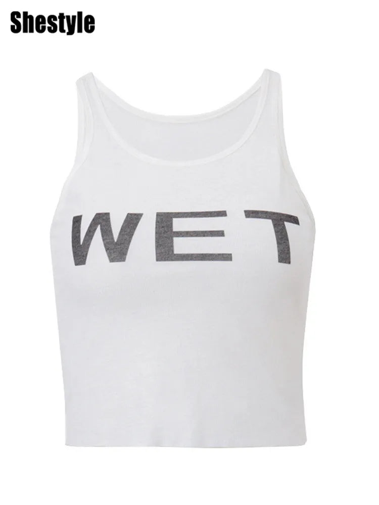 Shestyle Transparent White Crop Top Women 2024 Autumn Sleeveless Wet Letter Print Super Stars Same Style Tank Theatrical Costume