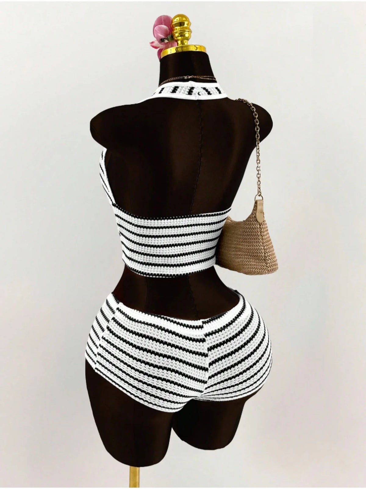 Women's Set Summer Casual Sexy Color Blocked Hanging Neck Sleeveless Tied Top + Color Blocked Elastic Waist Shorts Set