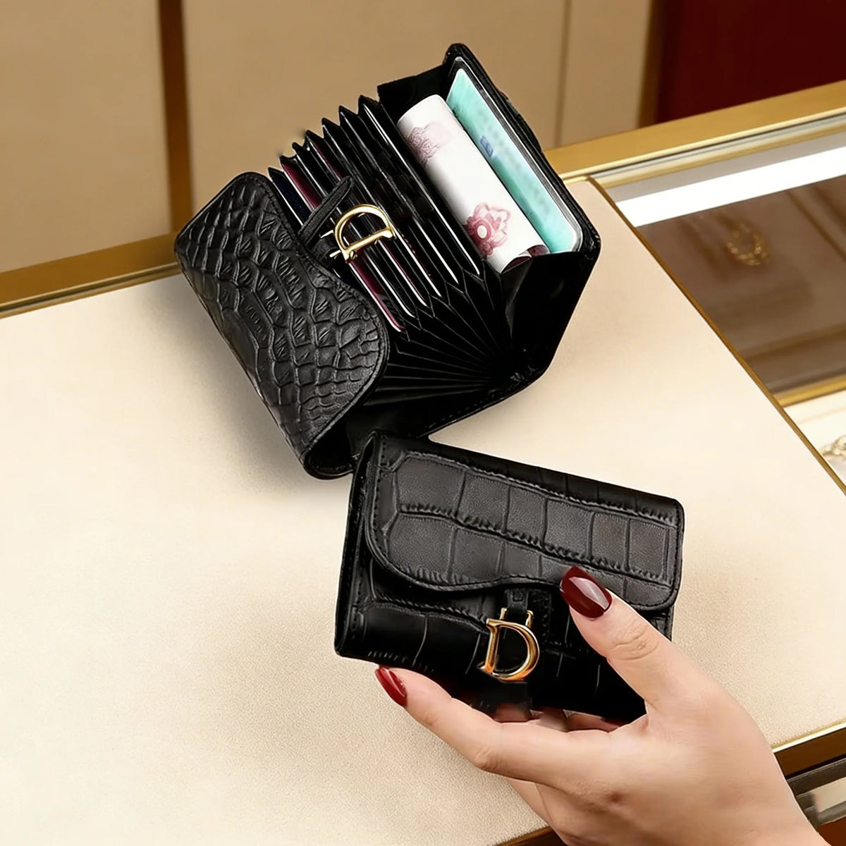 BUYLEMO Crocodile Pattern PU Leather Accordion Card Holder, Unisex Multi-Card Slot Coin Purse