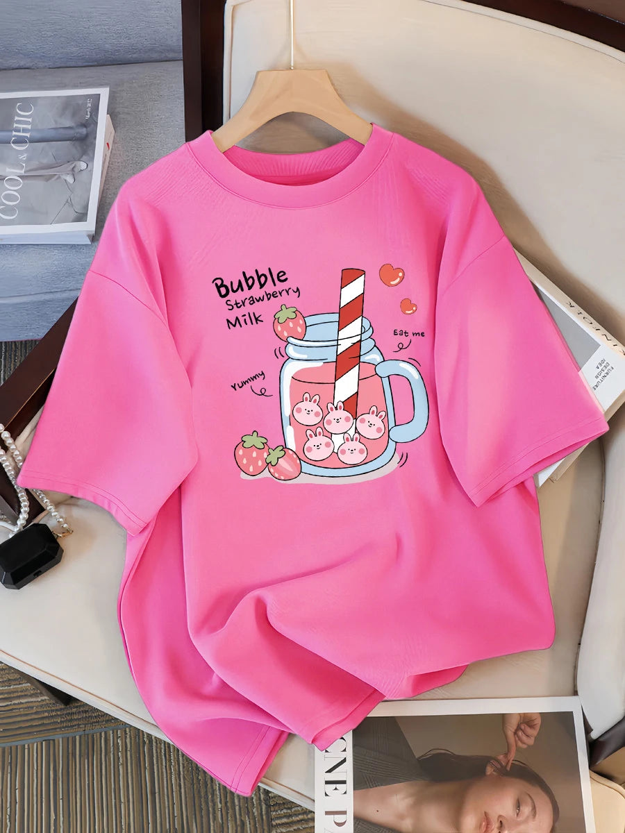 Delicious Strawberry Beverage Print Women T Shirt Summer Breathable Tee Cotton Street Clothing Casual Sport Cool Short Sleeve