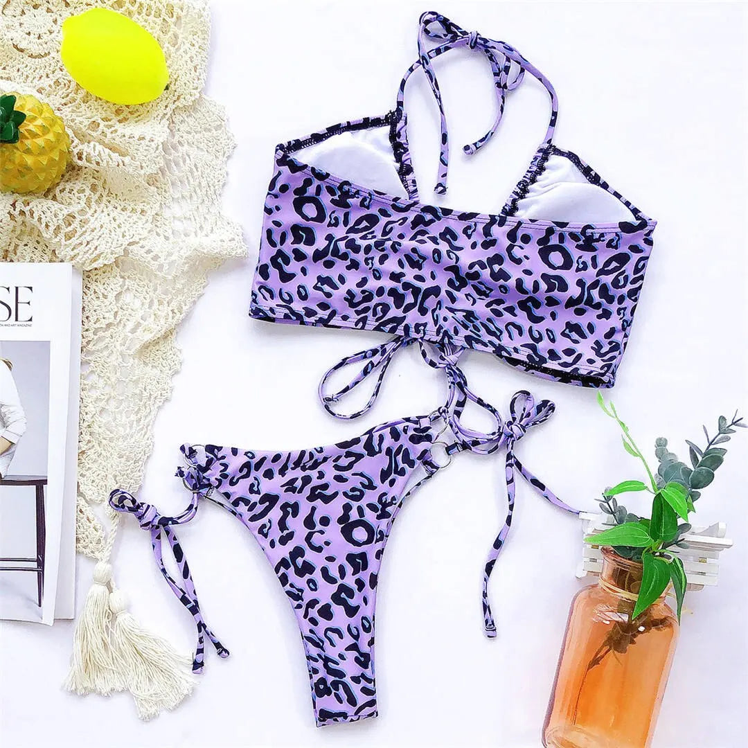 Sexy High Cut Leopard Bikini Women Swimwear Female Swimsuit Two-pieces Bikini set Lace Up Bather Bathing Suit Swim V1708