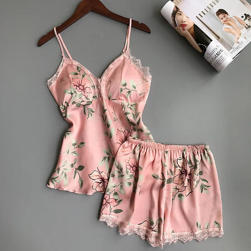 Women Suspender Pajamas Set New Summer Sleepwear Sexy Patchwork Lace Strap Top&Shorts Intimate Lingerie Thin Rayon Home Clothes