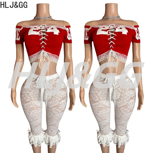 HLJ&GG Red Y2K Letter Lace Splicing Bandage Two Piece Sets Women Off Shoulder Hollow Crop Top And Skinny Ruffle Shorts Outfits