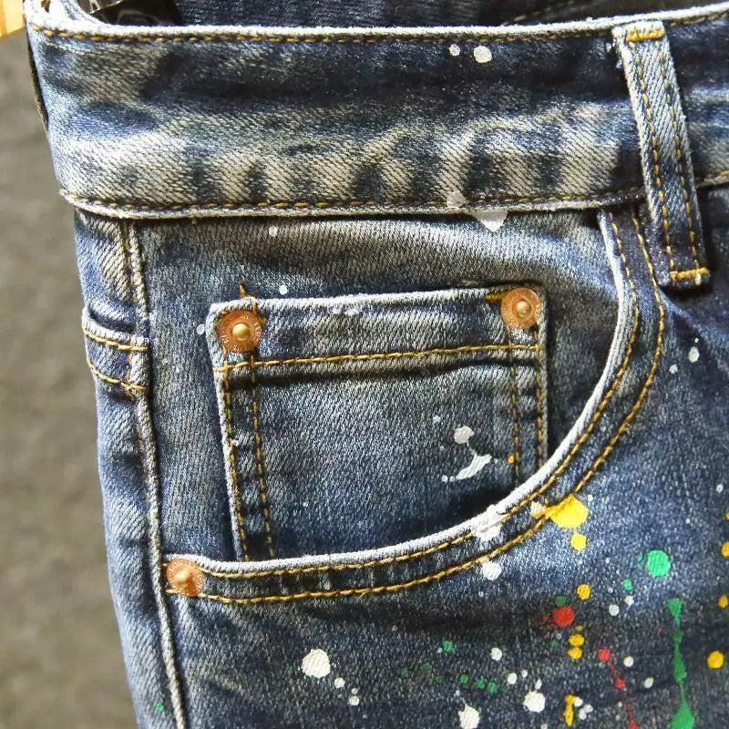 Spring Autumn Designer Clothes Men's Korean Stylish Slim Fit Jeans Fashion Trendy Painted Denim Pants Ink Stretch Skinny Pants