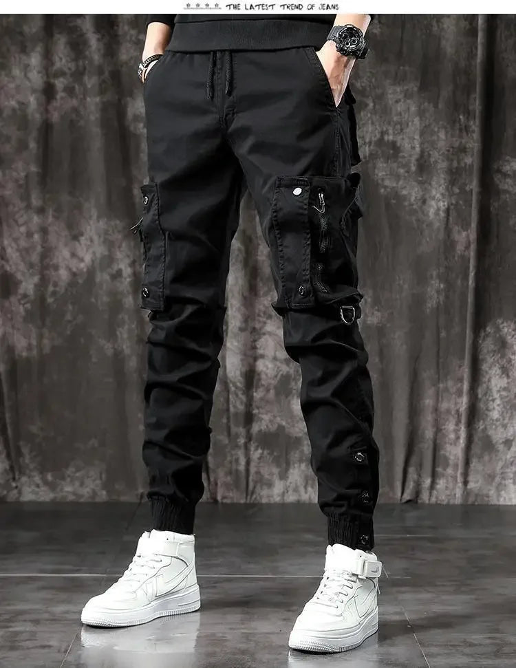 Trendy Men's Spring Autumn Cargo Pants Slim Fit Casual Style Loose Fit American Style Multiple Pocket Small Foot Pants Black