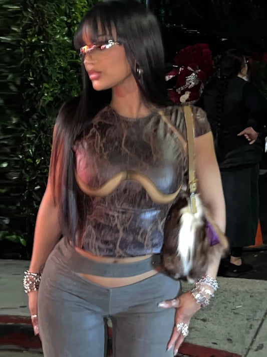 Weird Puss Mesh Patchwork Crop Tops Women Fashion Print o-Neck Sleeveless Skinny Stretch Hot Girls Street Fashion Wild T-Shirts