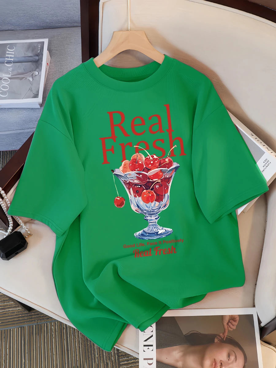 Real Fresh Cherry Fruit Cup Design Tee Shirts Female Comfortable Cotton T Shirt Fashion Casual Clothes Soft Street Short Sleeve