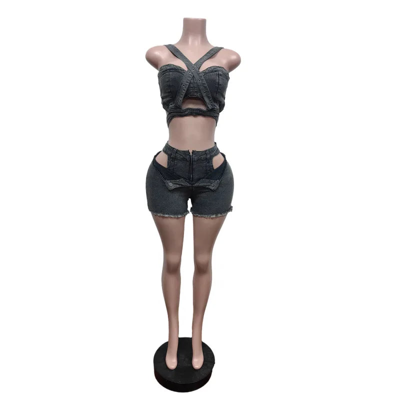 Streetwear Jeans Shorts Outfit Set Sexy Women Elegant Two Pieces Denim Club Matching Set Top+Shorts