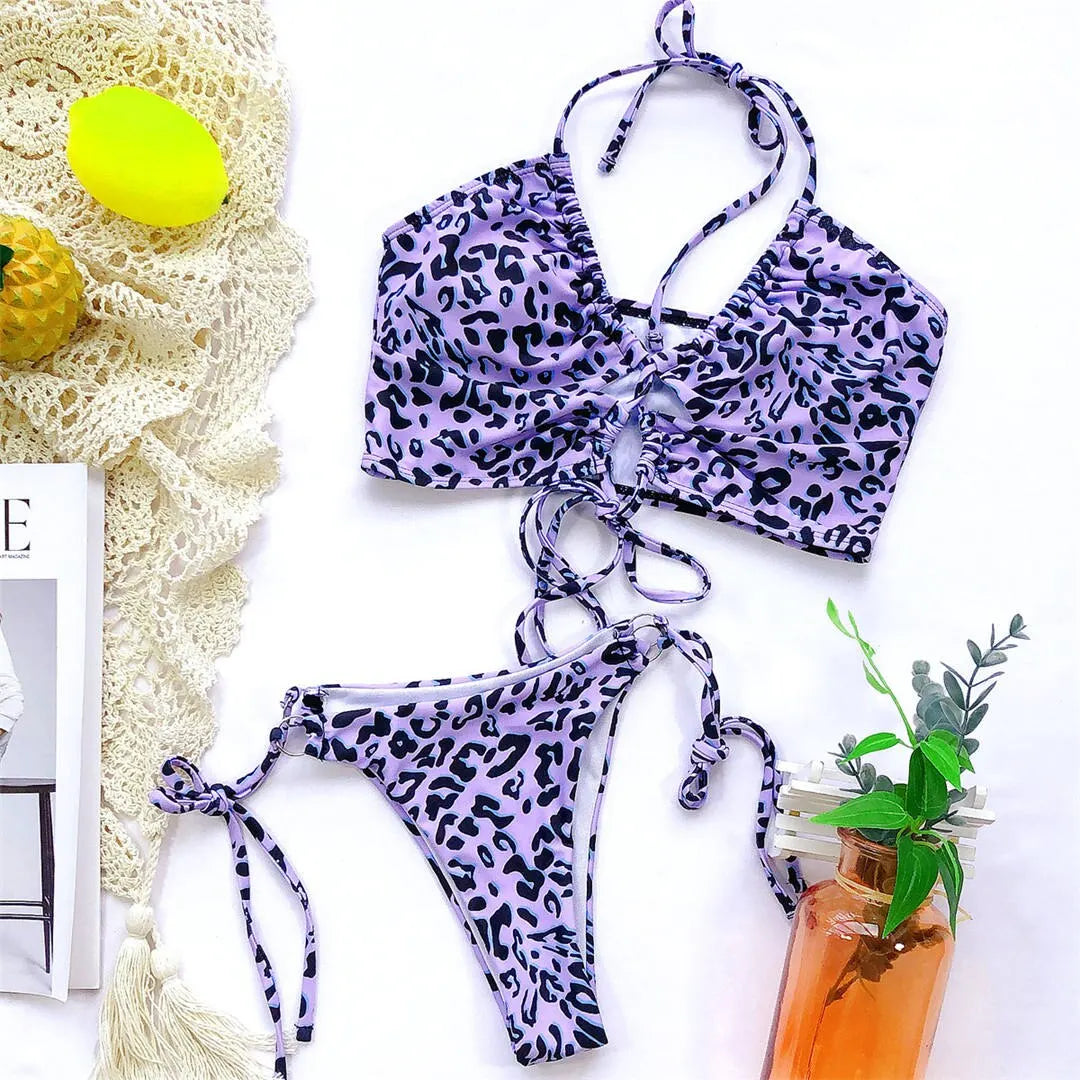 Sexy High Cut Leopard Bikini Women Swimwear Female Swimsuit Two-pieces Bikini set Lace Up Bather Bathing Suit Swim V1708
