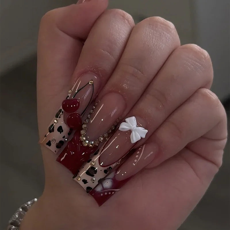 24Pcs Long Square Press on Nails Leopard Print French 3D Cherry Design False Nail Rhinestone Wearable Full Cover Fake Nails Tips