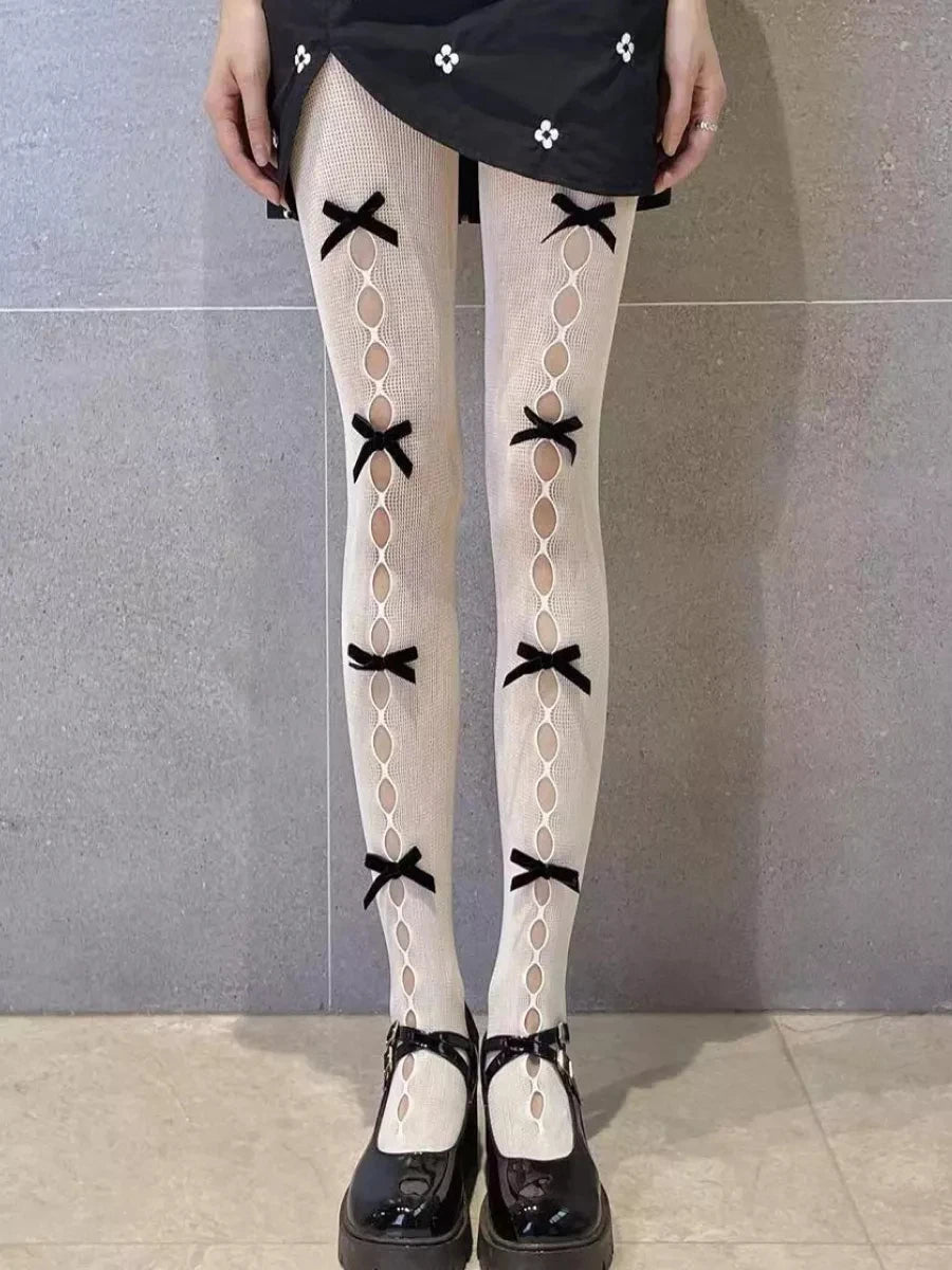 Sexy Lace Bow Patchwork Stockings Women Bodycon Elastic See Through Slim Pantyhose Party Club Sexy Y2K Hollow Out Tights Ladies
