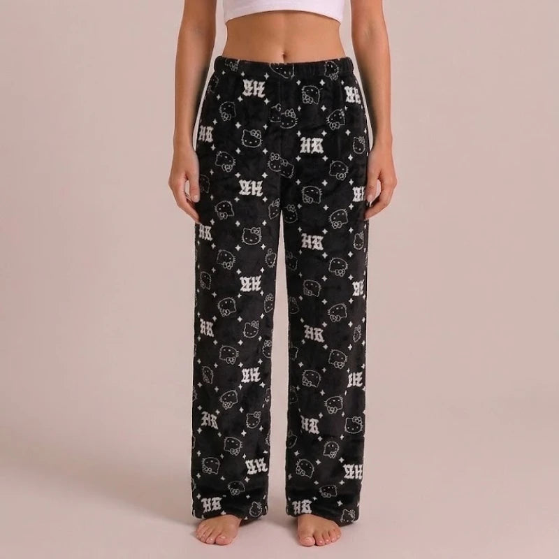 Hello Kitty Fleece Coral Pajama Pants Soft Trousers Women Casual Home Trousers Anime Cartoon Birthday Gift