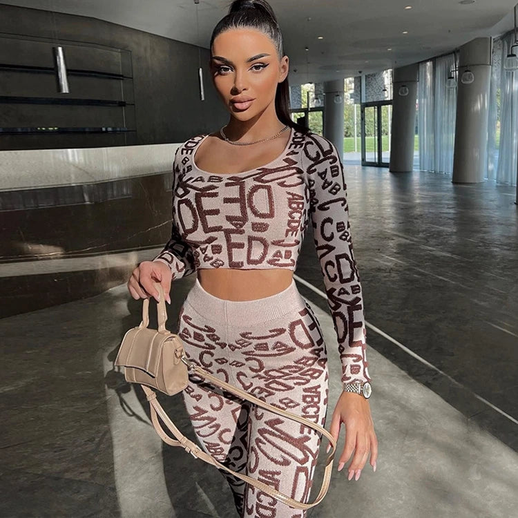 STYLISH LADY Letter Printed Sporty 2 Piece Set Women Long Sleeve Crop Top and Skinny Pant Suits 2025 Summer Sexy Street Outfits