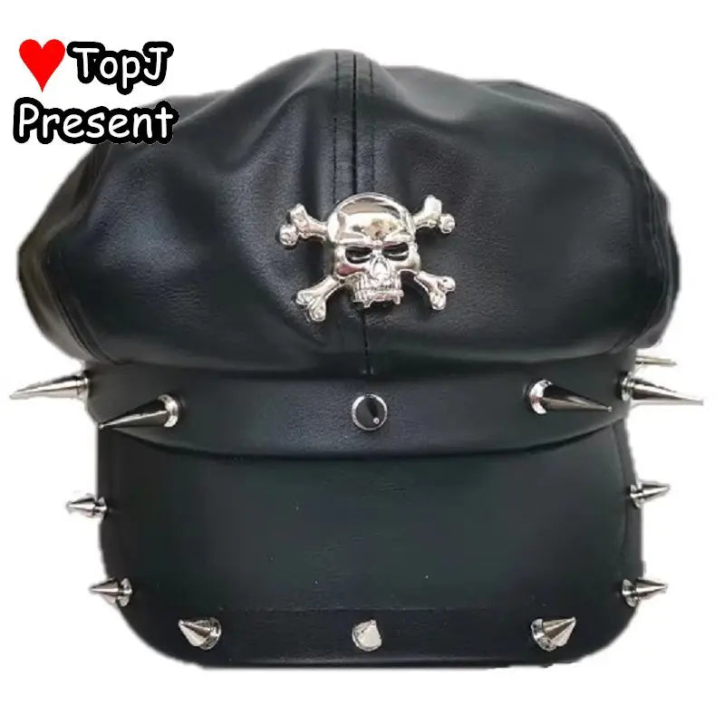 Women Lolita Y2k Steam Punk Gothic Harajuku Subculture Girl Riveted Motorcycle Hat Trendy Men's Personality Beret Stage Rock Hat