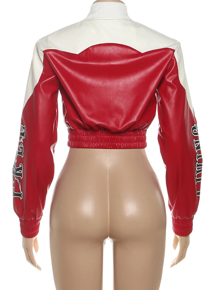 Weird Puss PU Patchwork Crop Jacket Woman Uniform Letter Print Full Sleeve Single-Breasted Cardigan Skinny Single-Button Coat