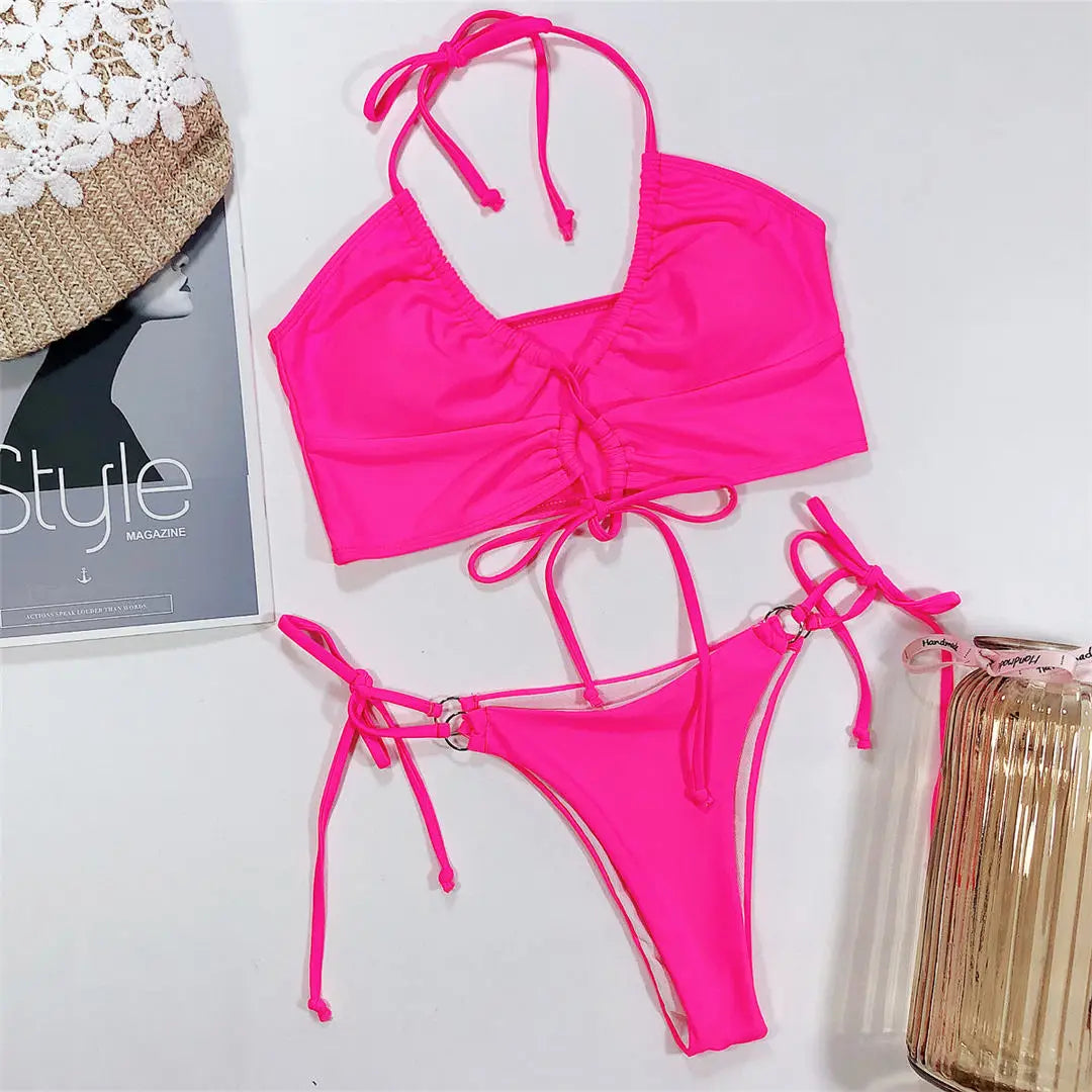 Sexy High Cut Leopard Bikini Women Swimwear Female Swimsuit Two-pieces Bikini set Lace Up Bather Bathing Suit Swim V1708