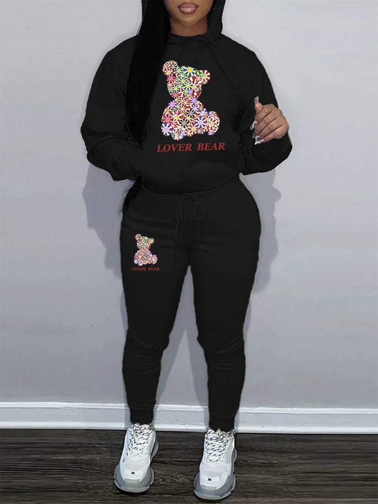 Women's Hoodies Sets Pants Suit 2 Piece Outfits 2025 New Letter Print Bear Aesthetics Sweatshirt and Sweatpants Womens Tracksuit