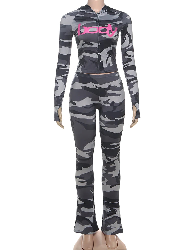 Weird Puss Letter Leopard Print 2 Piece Set Women Casual Zip Hooded Crop Jacke+Leggings Matching Stretch Sporty Street Outfits