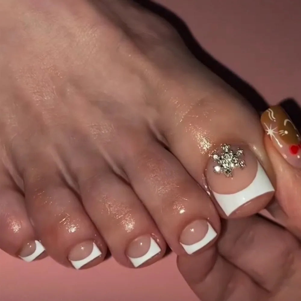New White Flower Artificial Toe Nails with Gold Foil False Toenail Tips French Lady Girl Wearable Press on Nails for Feets