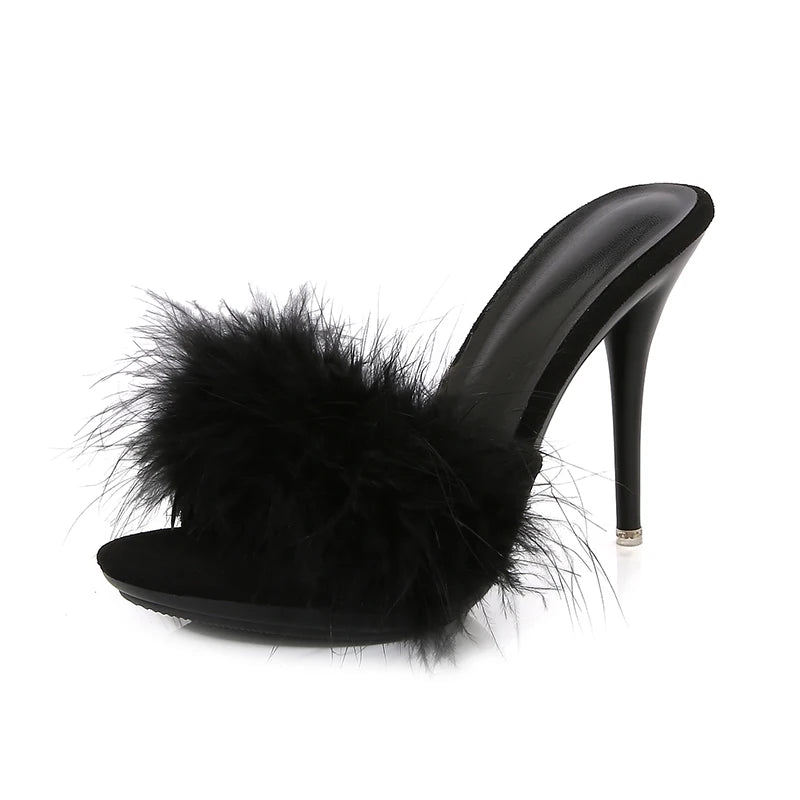 10CM Thin High Heel Designer Plus Size Summer Slippers For Ladies 2025 New Furry Slip-on Women's Shoes Pink Fur Slides Sandals