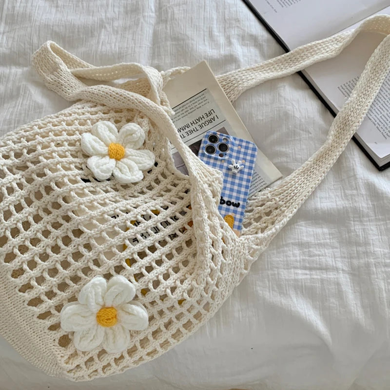 Women Knitted Shoulder Bag Large Capacity Tote Summer Beach Bag Lightweight