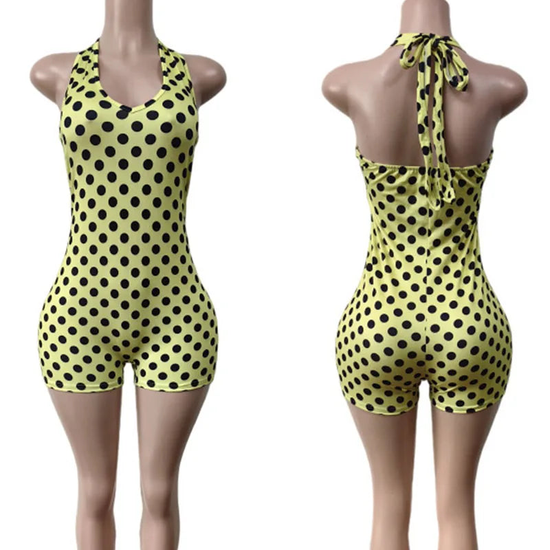 Polka Dot Retro Playsuit for Women Rompers Y2K Club Party Halter V-neck Backless Skinny One Pieces Jumpsuit Combishort Femme