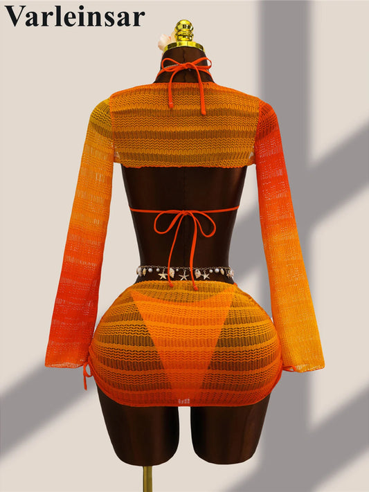 4PCS With Cover Up Skirt Gradient Bikini Women Swimwear Female Swimsuit Four-Pieces Bikini Set Bather Bathing Suit Swim V8303