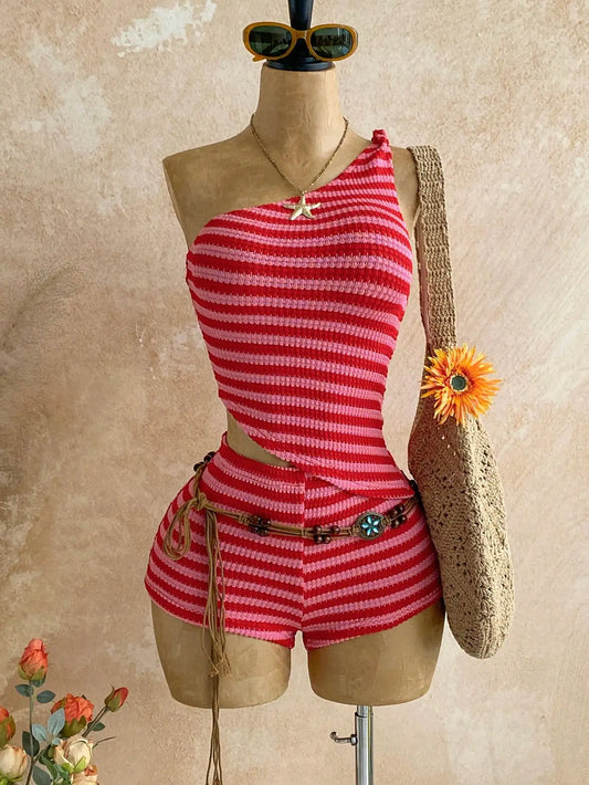 Women's Pink Striped Bohemian Two-Piece Set with One-Shoulder Tank Top & Hot Shorts, Summer Casual Outfit for Island Vacation