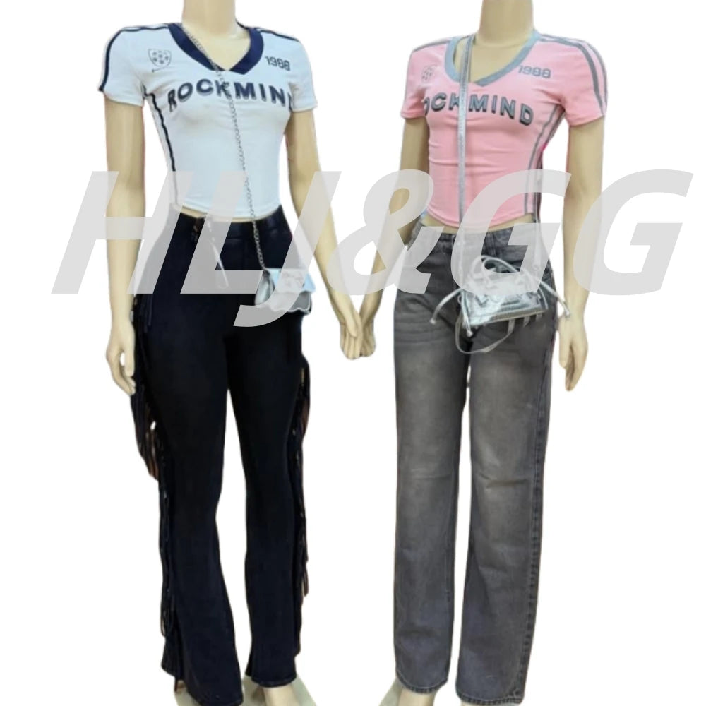 HLJ&GG Y2K American Vintage Letter Print Two Piece Sets Women V Neck Short Sleeve Slim Crop Top And Tassels Skinny Pants Outfits