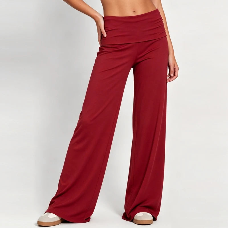 Women Casual Fold‑Over Waist Flare Pants Solid Stretchy Wide Leg Bell Trousers Daily Wear Lounge Y2K Loose Fit Sweat Pants