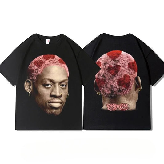 American Retro Basketball Rodman Print T-shirt Summer Round Neck Cotton Short Sleeve Unisex Sports Casual Ins Trend Tops Tees