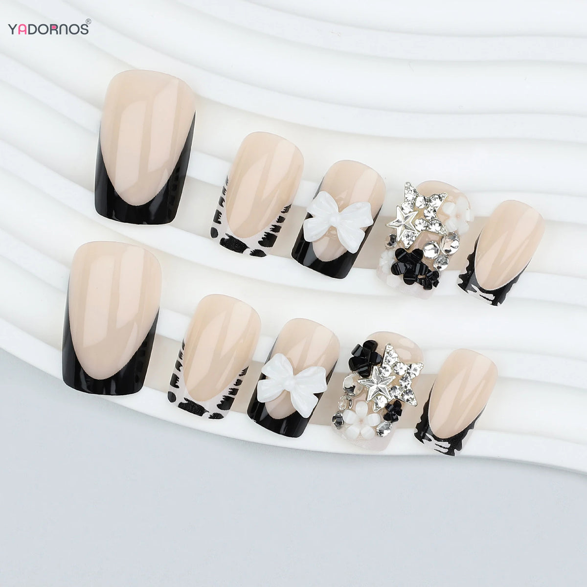 24pcs White 3D Bowkknots Press On Nails Black Leopard Print French Style False Nails Metal Rhinestone Stars Decor Y2k Fake Nail