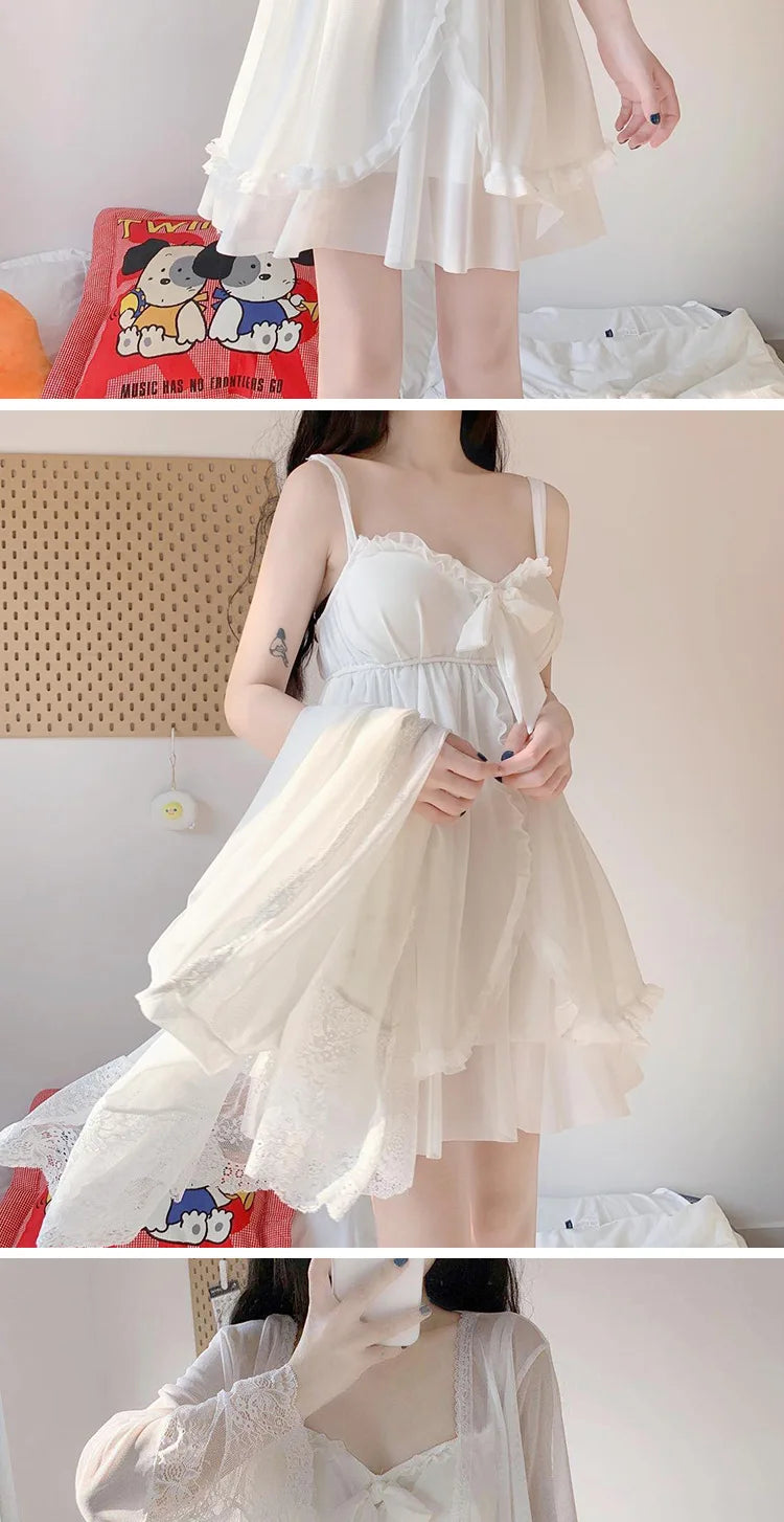 Summer Sexy Pajamas with Breast Pads Female Lace Pajamas Robe Gown Set Sexy Sleepwear White Lace Night Gown  Lingerie for Women