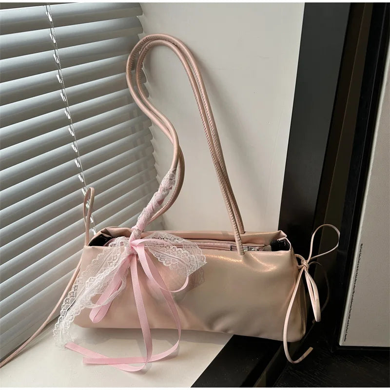 Korean Bow Ribbon Handbag Fashion Lace Square Shoulder Bag French Elegant Baguette Bag Leisure Large Capacity Tote Underarm Bag