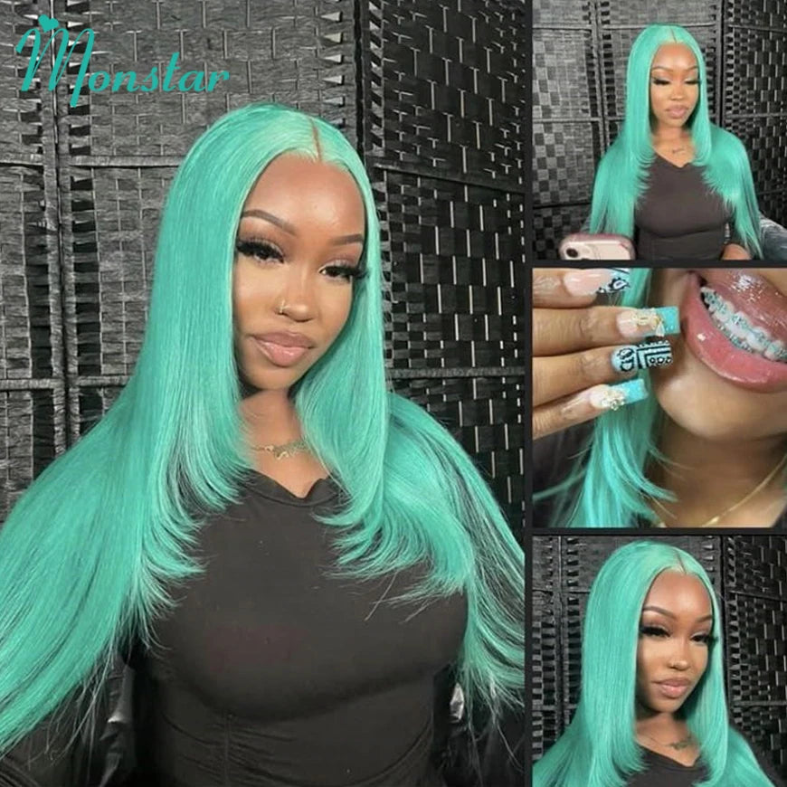 Mint Green Colored Human Hair Wigs Brazilian Straight 13x6 HD Transparent Lace Frontal Human Hair Wigs for Black Women 200% 250%