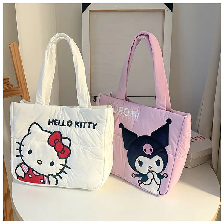 Sanrio Kawaii Hello Kitty Kuromi Tote Bags Cute My Melody Pochacco Cartoon Down Cotton Large Capacity Shoulder Bag Gifts Girls