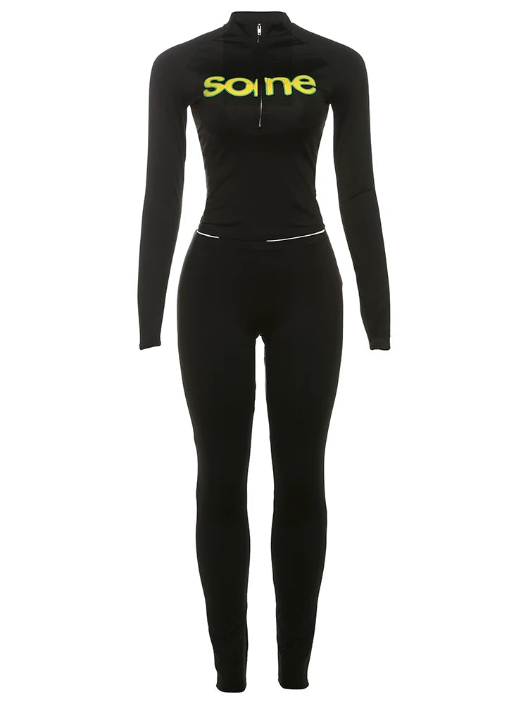 Weird Puss Casual Sporty Women2 Piece Set Letter Print Zip Crop Tops+Leggings Matching Street Stretch Skinny Streetwear Outfits