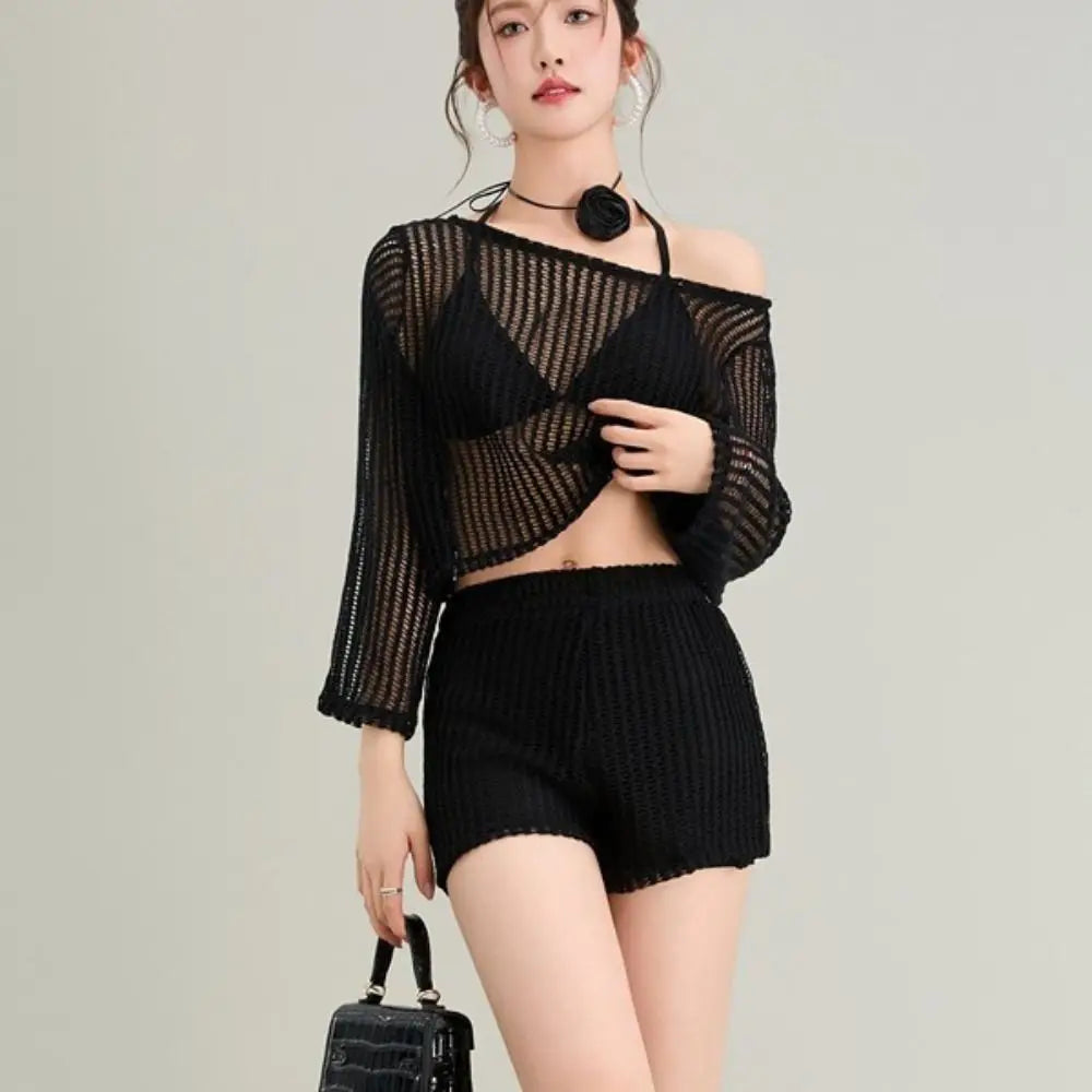 Loose Long Sleeve Swimsuit Hollow Out Beachwear Crochet Knit Bathing Suit Sun Protection Pullover Three Pieces Set Swimwear