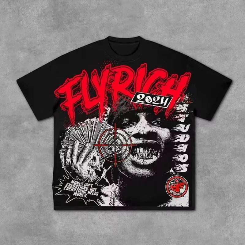 Fly Rich Abstract Human Face Graphic 100% Cotton T-Shirt Men Y2K Summer Short Sleeves Oversize Tshirt Streetwear Women Tops